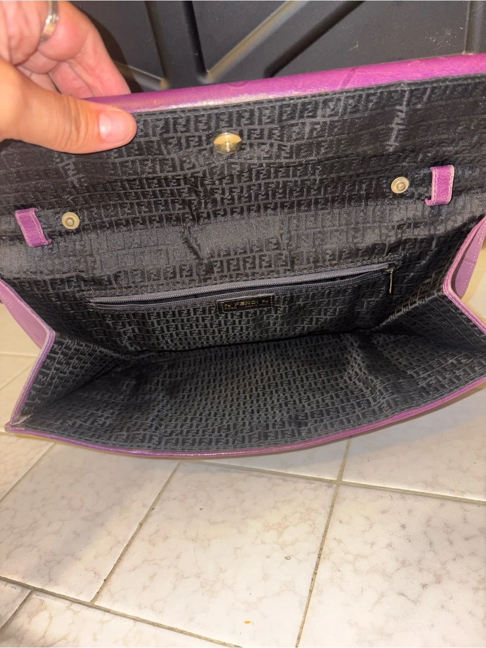 Fendi Purple Fold-Over Leather Clutch with Embossed Dot Motif preloved